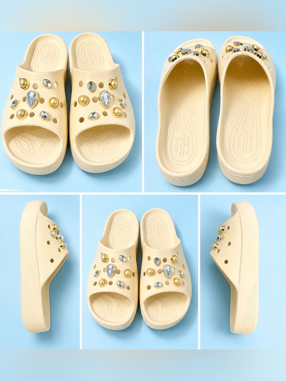 CROCS Beige Slide Sandals with Gold and Silver Gem Accents